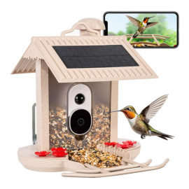 HiBirds Vogelhaus mit Kamera - Vogelbeobachtungskamera mit Solarbetrieb Beige